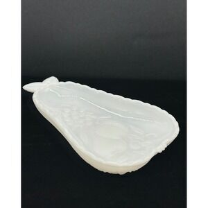 Vintage White Milk‎ Glass Pear Shaped Trinket Dish Embossed Fruit Floral Pattern